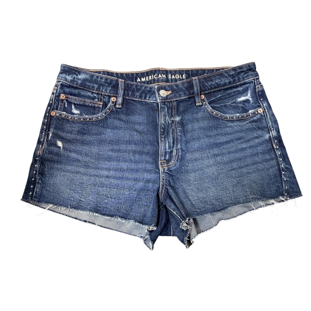 American Eagle Perfect Shortie Denim Shorts Siz 12 Dark Wash Studded Raw Hem NEW